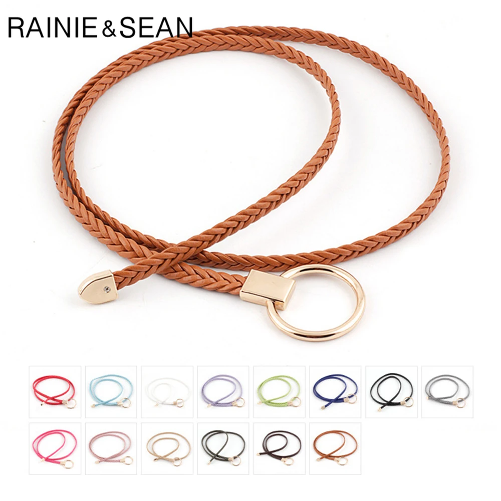 RAINIE SEAN Dünnen Gürtel Frauen Weben Pu Leder Mode Damen Strap für Kleider Solide Licht Ble Rosa Rot Camel Selbst krawatte Frauen Gürtel