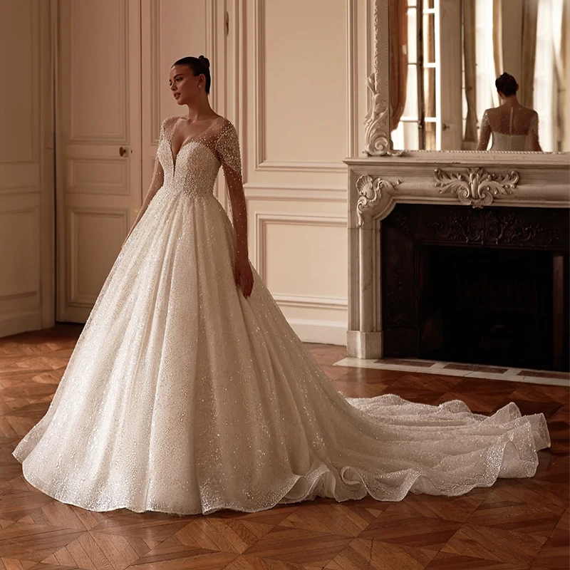 

Graceful Wedding Dress Fully Beaded Embroidery Ball Gown Full Sleeve V-Neck Bridal Dress Customized Back Button Vestido De Novia