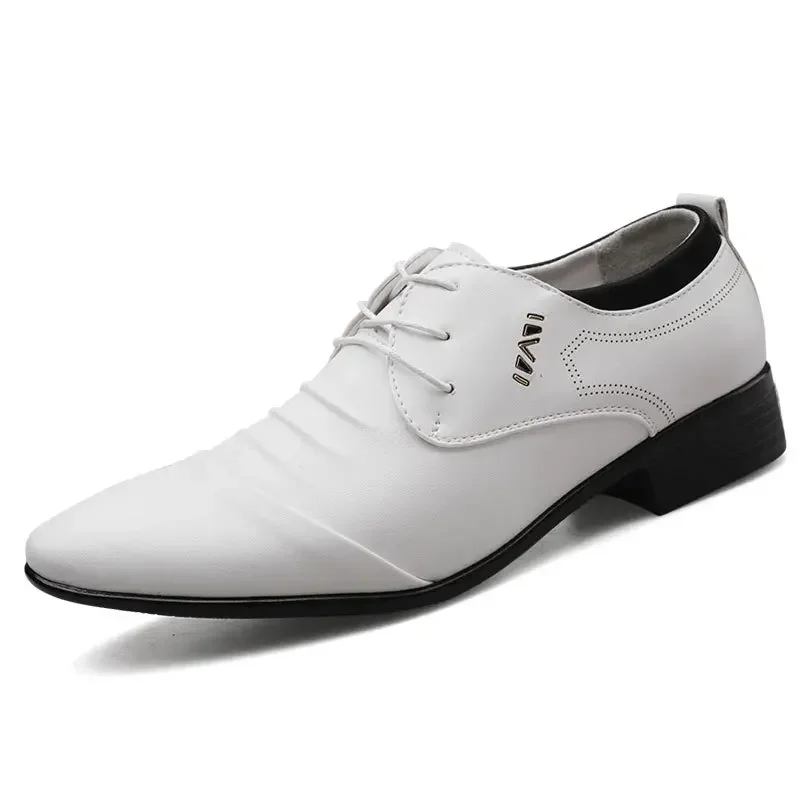 Zapatos de vestir clásicos para hombre, zapatos de cuero blanco con cordones, talla grande, Punta puntiaguda, informales de negocios, zapatos formales para boda