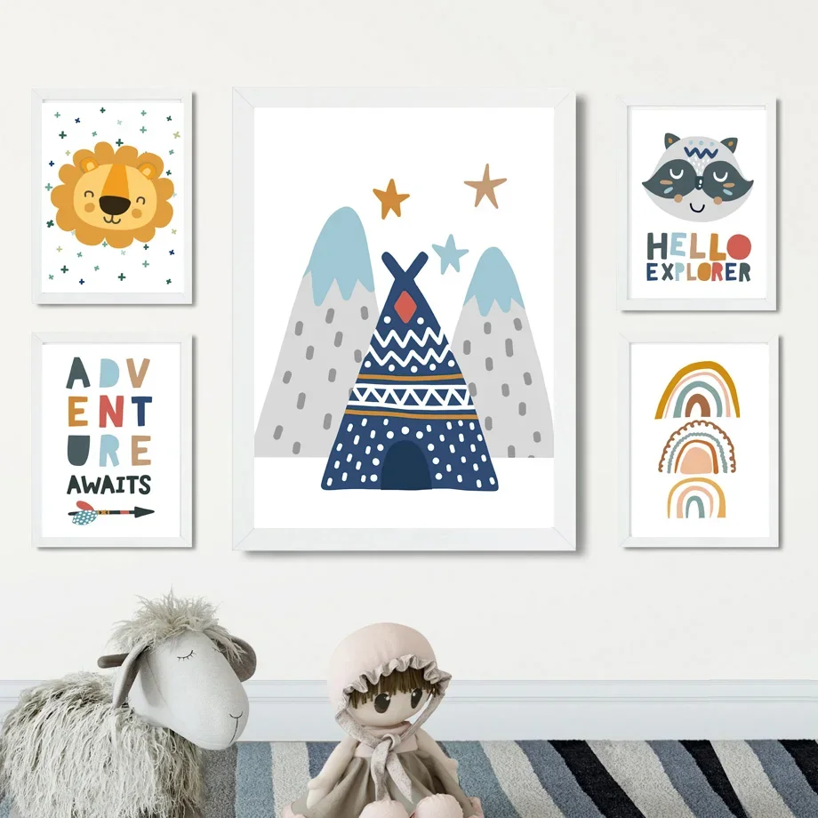 

Lion Raccoon Tent Arrow Adventure Quotes Cartoon Art Canvas Painting Nordic Posters And Prints Wall Pictures Boy Kids Room Decor