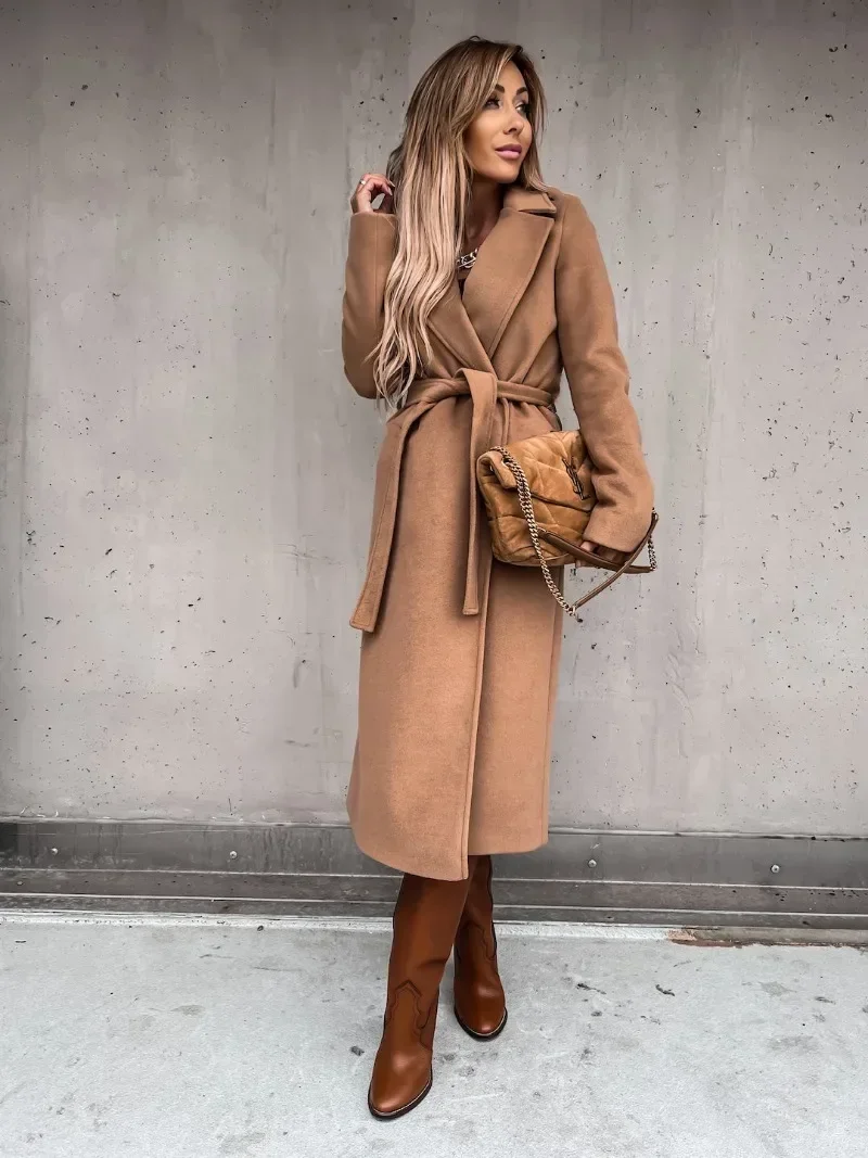 Autumn Winter V-neck Button Warm Long Women Coat with Belt Casual Elegant Solid Color Female Windbreakers Overcoat Simplicity