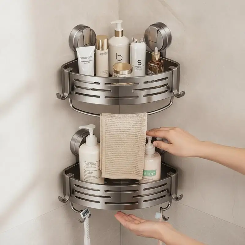 Triangular Suction Shower Basket No Drilling Durable Wall Mounted Bathroom Organizer for Tile Walls Restroom Rental
