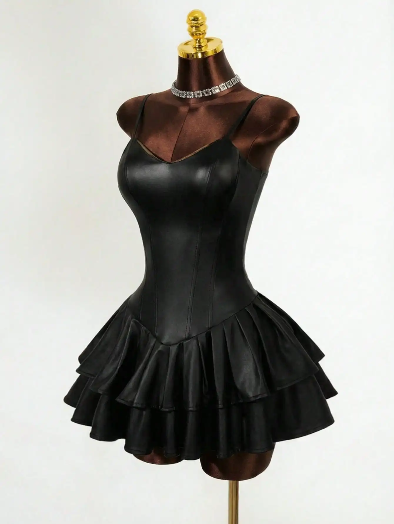 Black Outfits Women Sexy Dress PU Asymmetric Cup Corset Waist Cake Ruffle Hem Dress