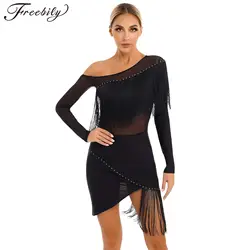 Women Latin Dance Dress Tassel Fringed Irregular Dress Tango Latin Cha-Cha Samba Dresses Sequins Ballroom Performance Costumes