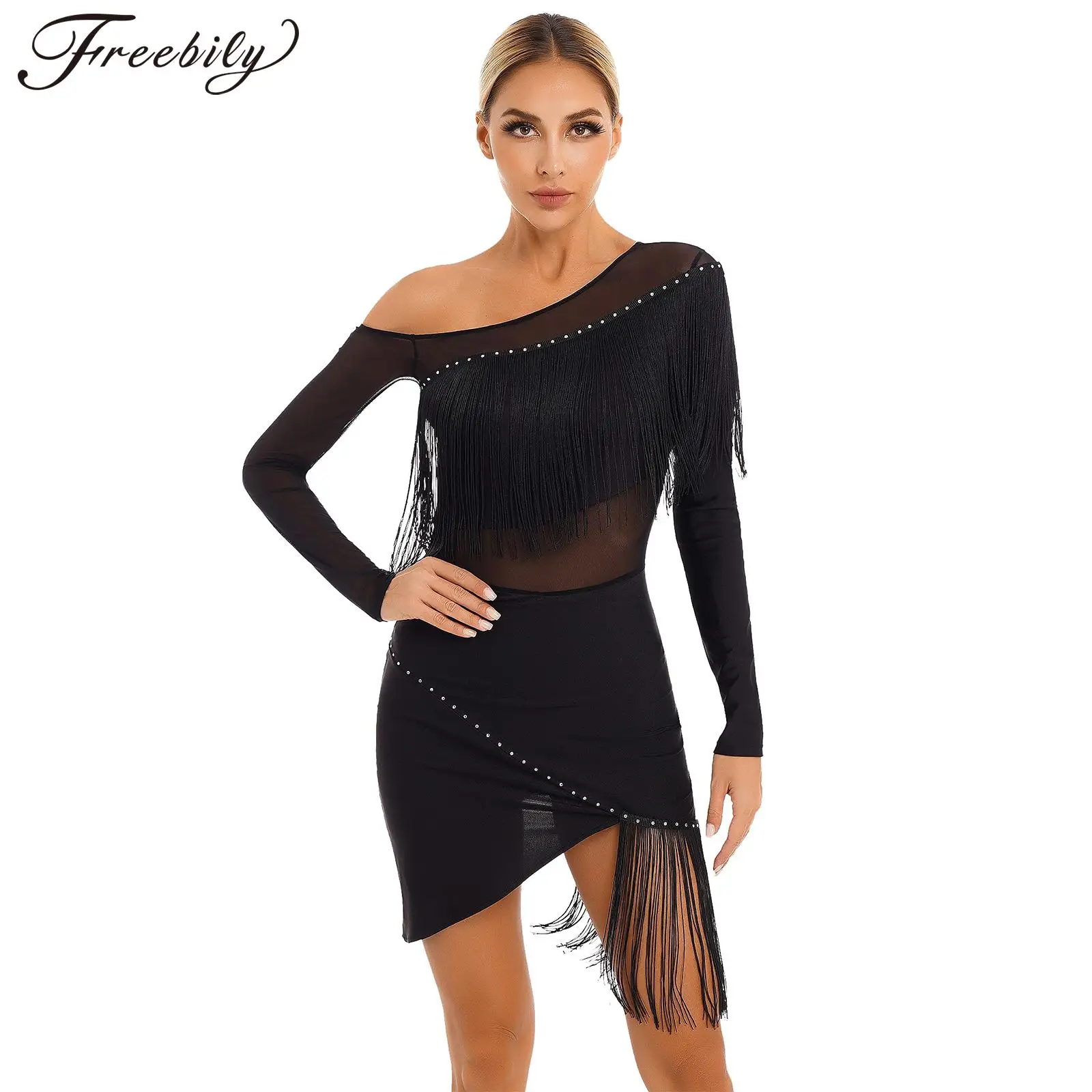Damska sukienka do tańca latynoskiego z frędzlami nieregularna sukienka Tango Latin Cha-Cha Samba sukienki cekiny kostiumy do tańca towarzyskiego