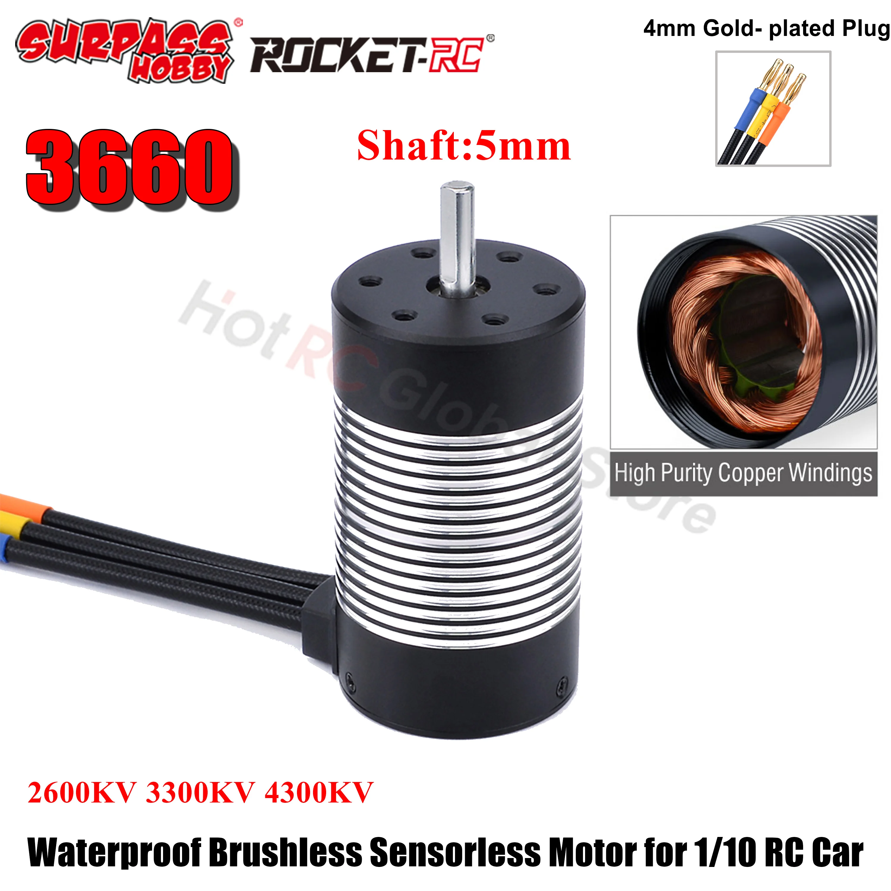 

Surpass Hobby 3660 2600KV 3300KV 4300KV 5.0mm Shaft Waterproof Brushless Sensorless Motor for 1/10 RC on-road Truck Car Traxxas