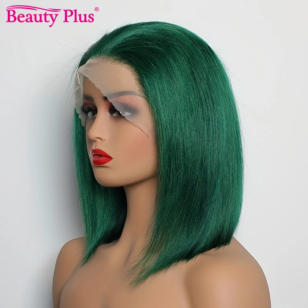 Perruque Bob Lace Front Wig naturelle brésilienne Remy, cheveux courts, vert foncé, 13x4, densité 180%