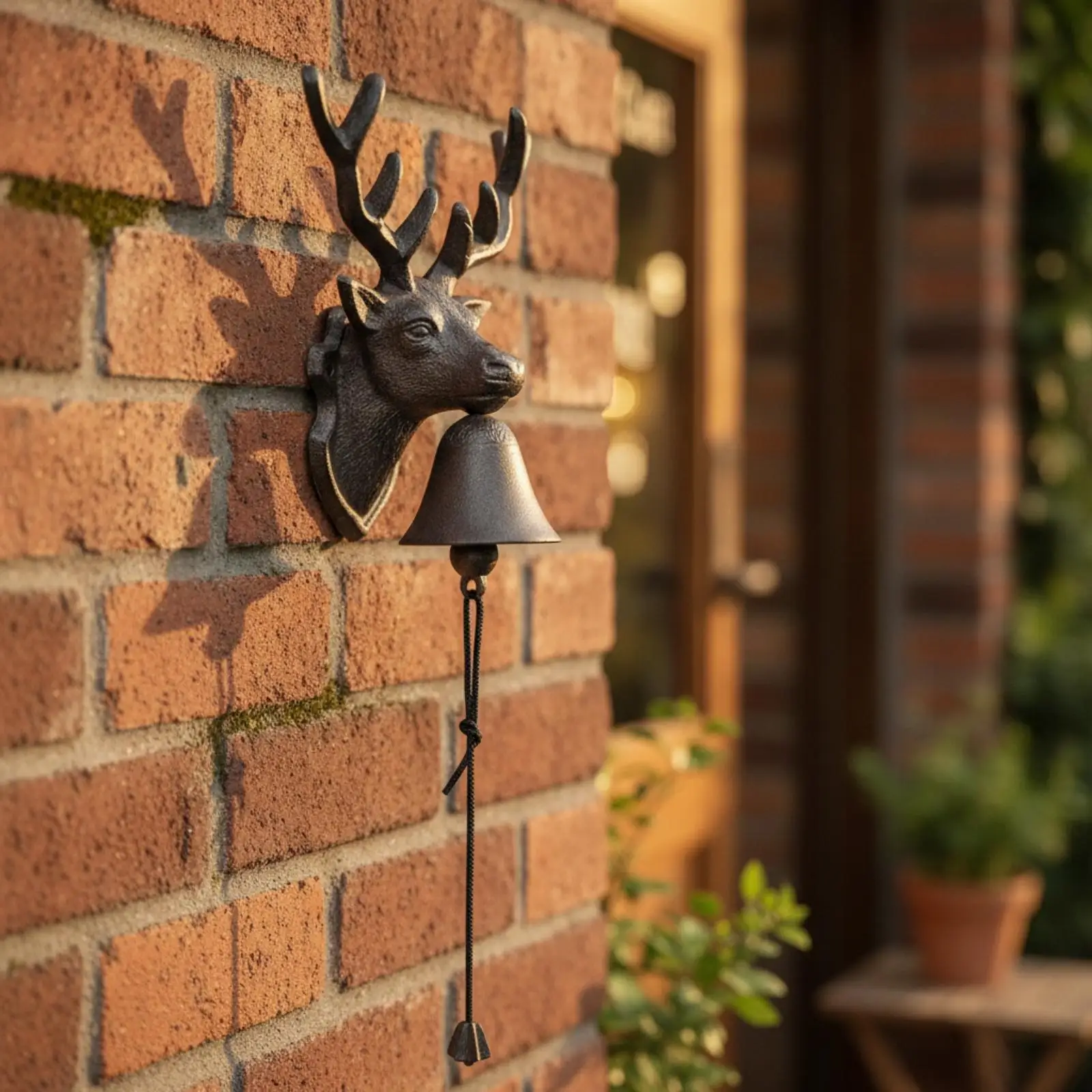 Iron Deer Head Bell with Long Pull Cord Rustic Wall Mounted Chime for Home Entry Garden Decor