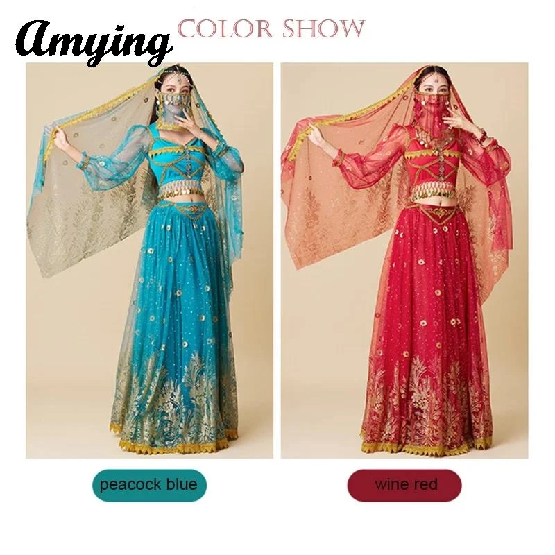 Women Long Sleeved Costume Arab Indian Festival Cosplay Performance Outfit Belly Dance Big Swing Long Dress Princess Clothing