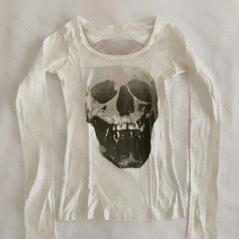 Women's Y2K Streetwear Long Sleeve Harajuku Fashion Spicy Girl Casual Top Summer Retro Gothic Black Printed T-Shirt