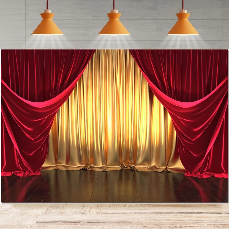 Theater Stage Theme Photography Backdrop Golden And Red Curtains Wedding Birthday Background Home Party Backdrop Wall Banner