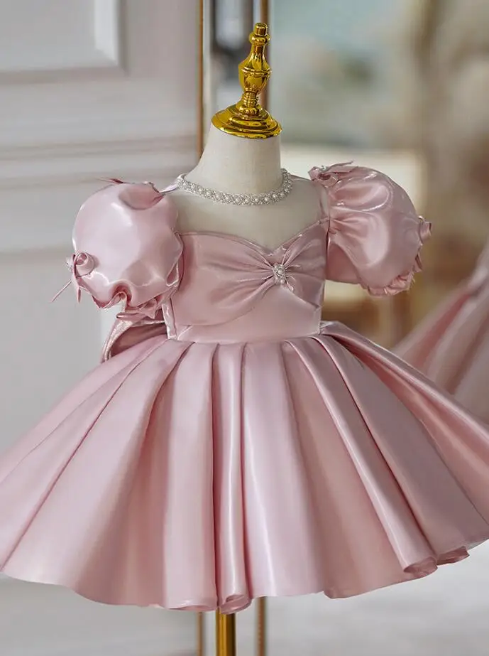 Vestido de baile de princesa rosa para niñas, fiesta de cumpleaños, boda, actuación, lindo vestido g41