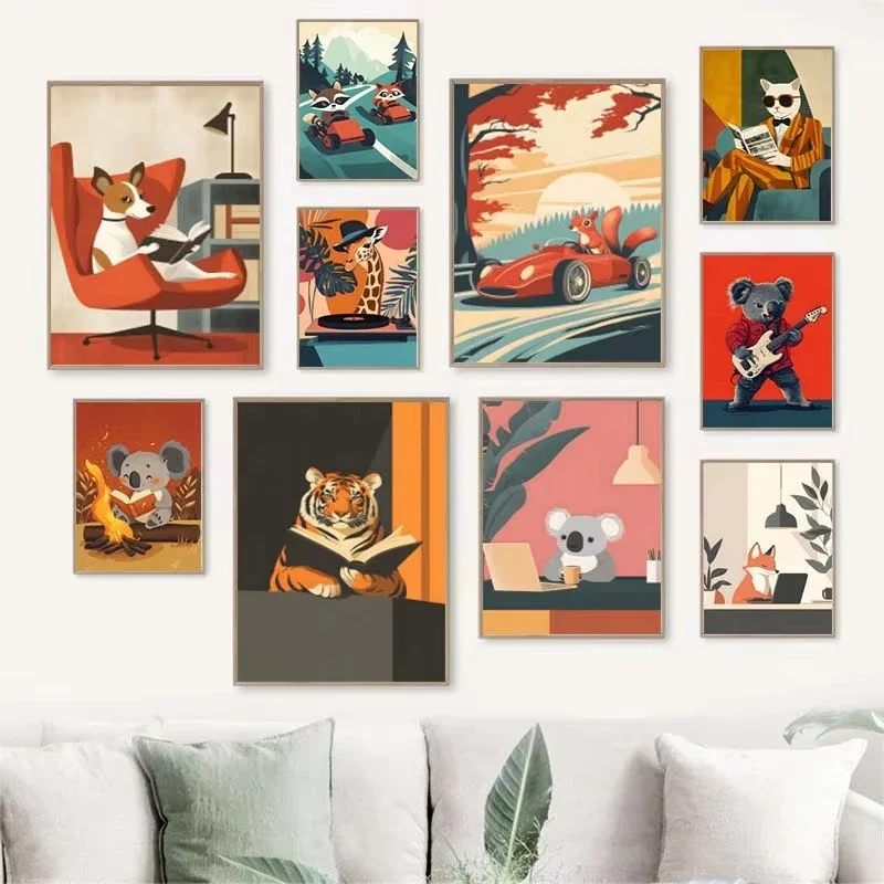 1pc frameless canvas painting 1pc frameless Funny Animals Reading Driving Poster Cute Squirrel Koala Dog Cat Drinking Coffee Can