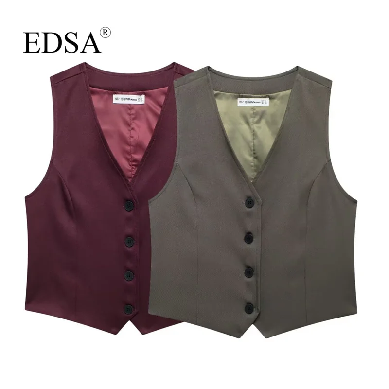 EDSA Women Solid 2 Pcs Pant Set Tailored Waistcoat & HIgh waist Wide Leg Straight Trousers for Office Lady Suits Vest Outerwear