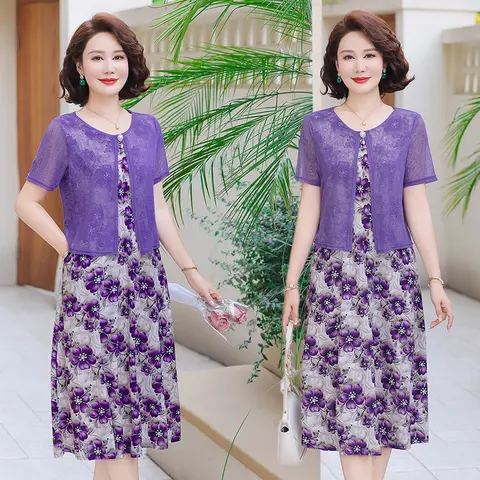 여름 여성 우아한 가짜 2 조각 드레스 세련된 자수 사무실 a 라인 드레스 여성 빈티지 보라색 인쇄 vestido