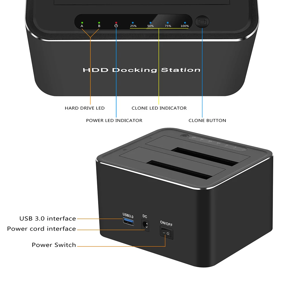 Imagem -04 - Dual Bay External Hard Drive Docking Station Sata para Usb 3.0 5gbps para 2.5 3.5 Ssd Hdd Fast Offline 12v 3a Adaptador de Energia