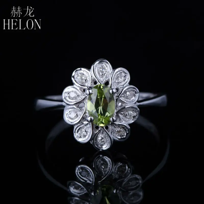 

HELON Solid 14k 10K White Gold Oval 6x4mm Genuine Natural Peridot Diamonds Engagement Ring Women Birthday Anniversarry Best Gift