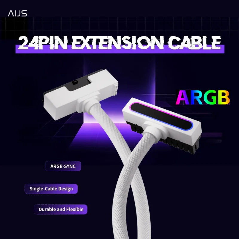 

24-контактный удлинительный кабель блока питания AIJS, кабель ARGB для ПК с 5 В 3-контактным разъемом, прямоугольная конструкция 18AWG 90 градусов для шнура питания ПК, «папа-мама»