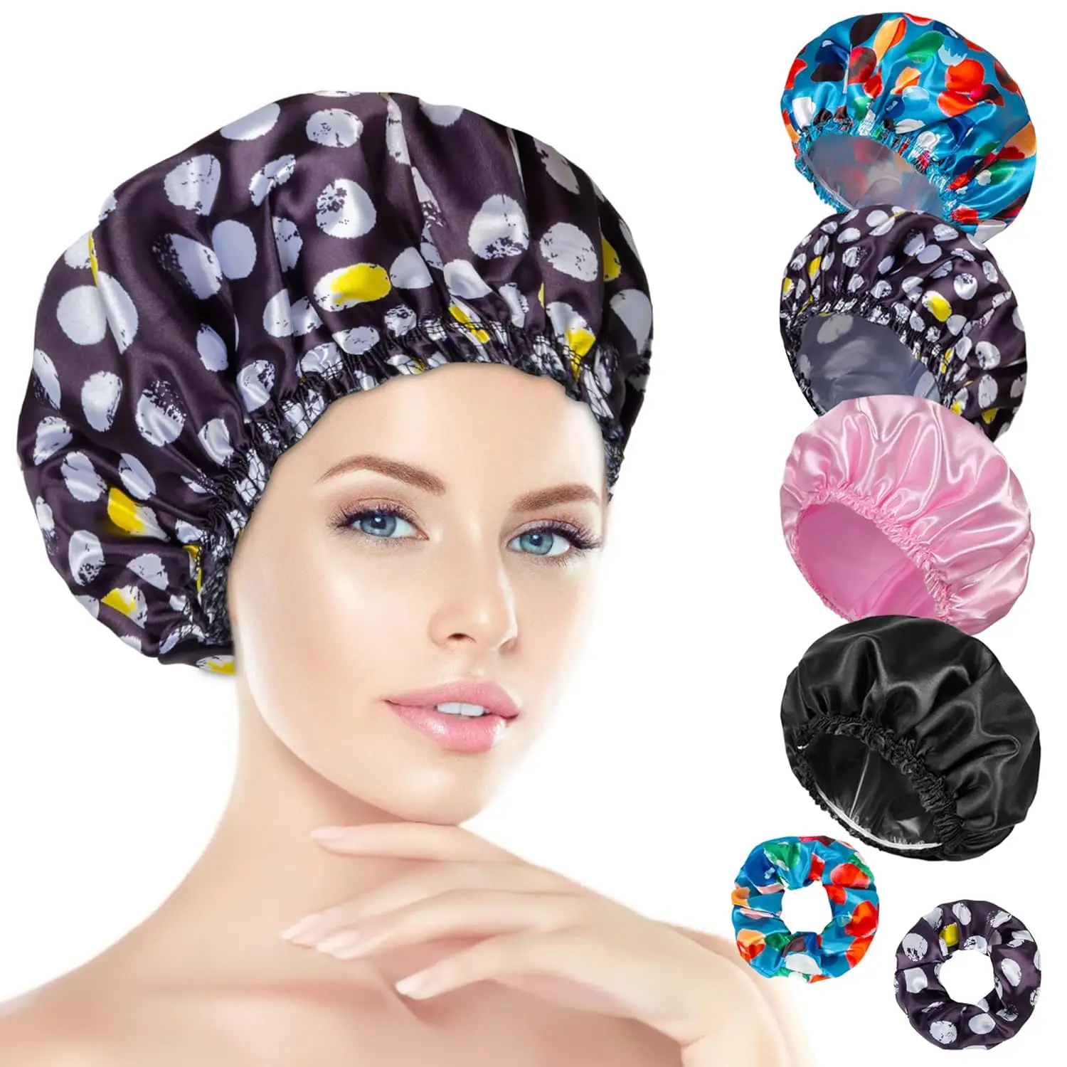 

Shower Cap for Women Set of 4, Bath Caps, Double Layers Hair Caps + 2 Satin Hair Scrunchies, Reusable Waterproof Shower Caps, El