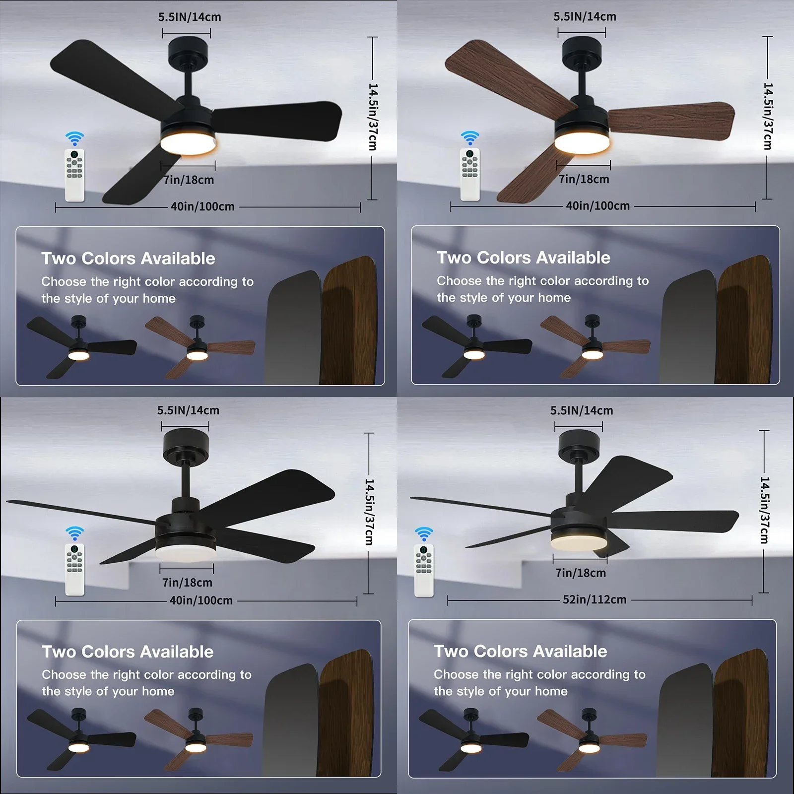 42 Luz de ventilador de techo de 52 pulgadas, ventilador de ventilación de ABS negro con control remoto de luz, luz colgante de interior comercial y doméstico