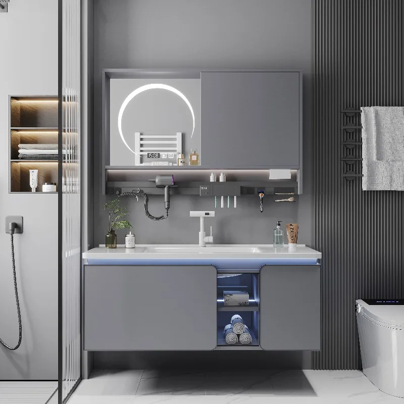 

Rounded corner ceramic skin feeling integrated basin gray bathroom cabinet combination sink toilet storage cabinet