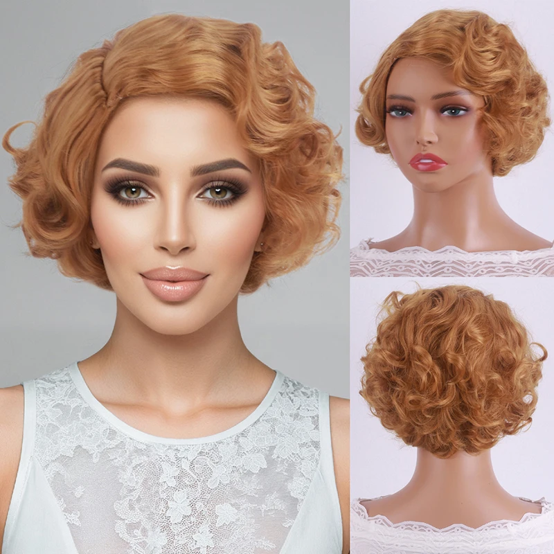 

Short curly synthetic fiber synthetic wig with lace frontal parting T-shaped hairline in European and American style.