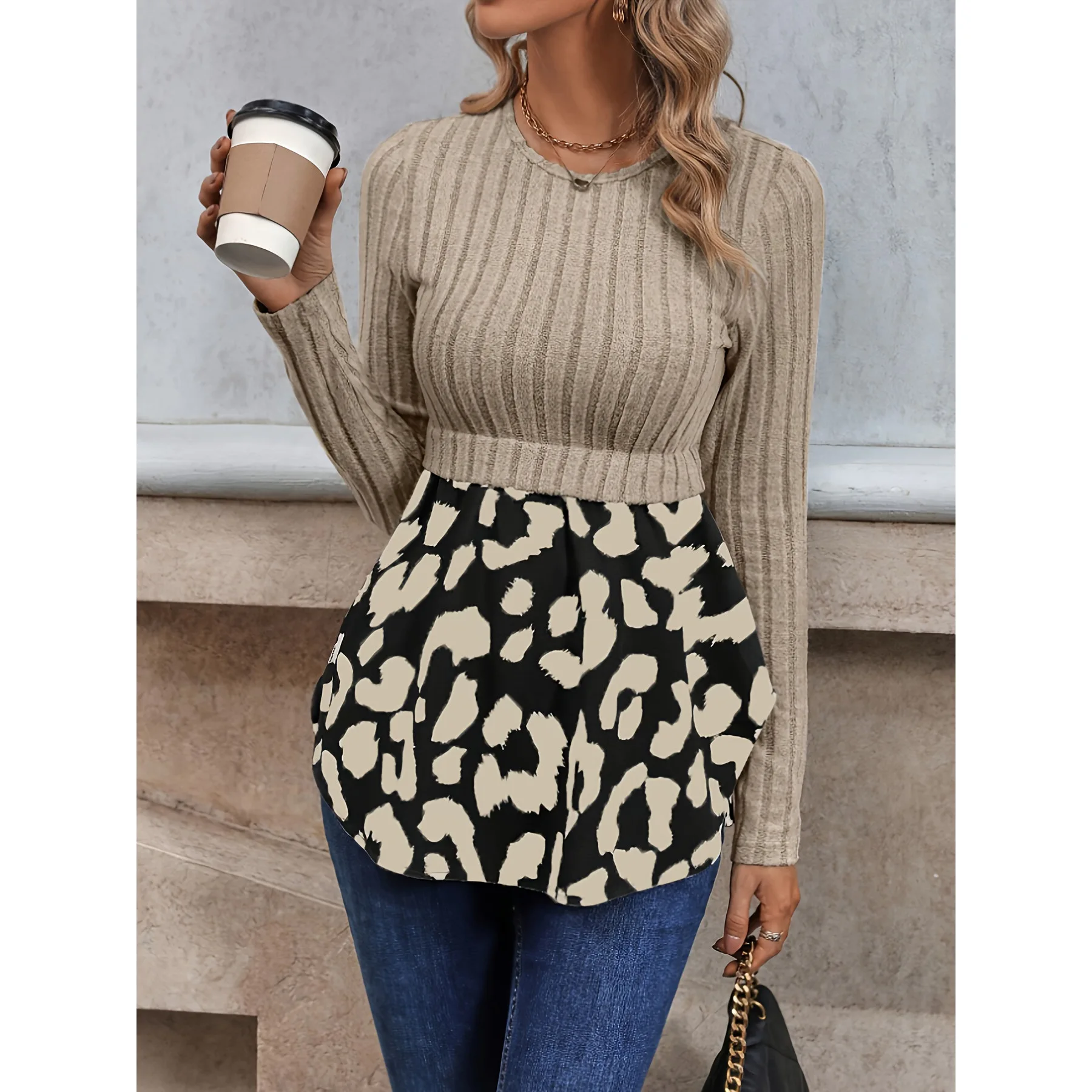 

Fashionable Women's Spring Long Sleeved Patchwork Slim Fit Pit Stripe Blouse Elegant Plaid Printed Round Neck Long Sleeved Top