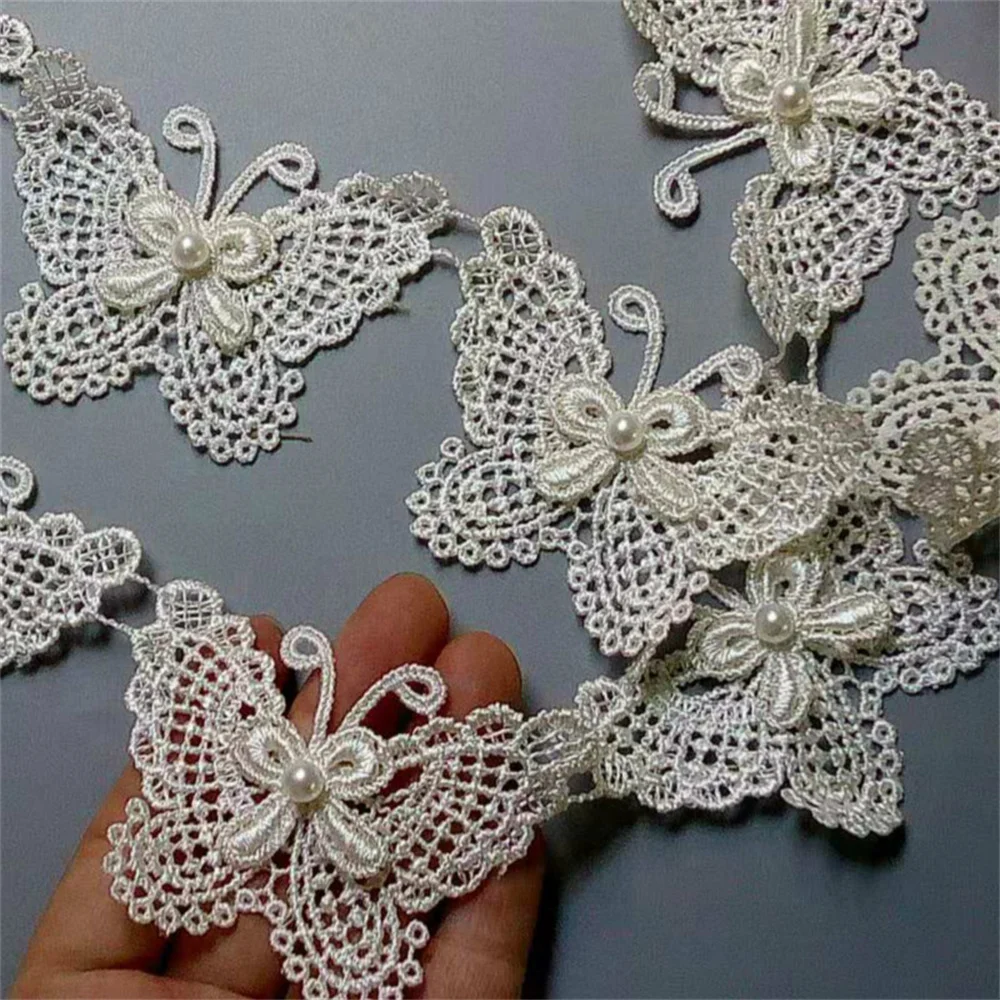 

2 Yard Ivory Butterfly Pearl Embroidered Lace Trim Ribbon Applique Sewing Craft Crochet Fabric Edging Trimmings Wedding