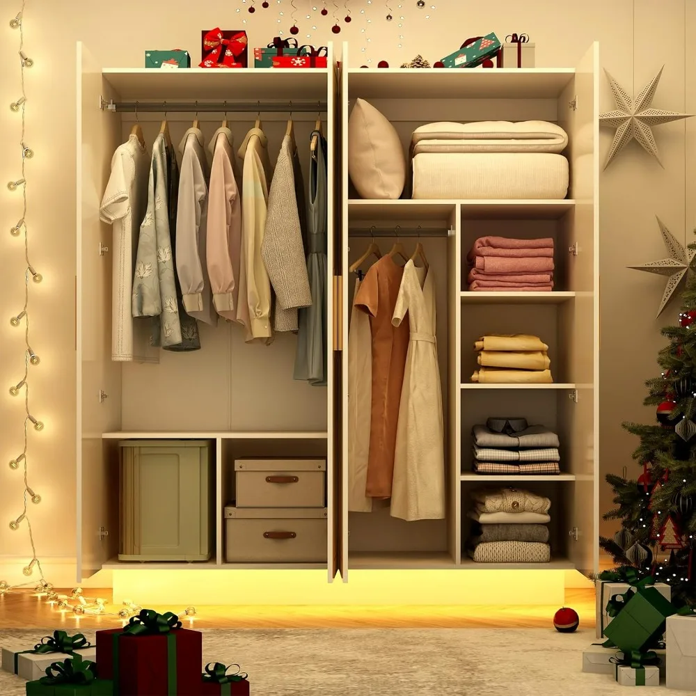 Wardrobe Closet with Metal Hanging Rod, Freestanding Bedroom White Tall Armoires with RGB LED Lights for Bedroom,Wardrobe Closet