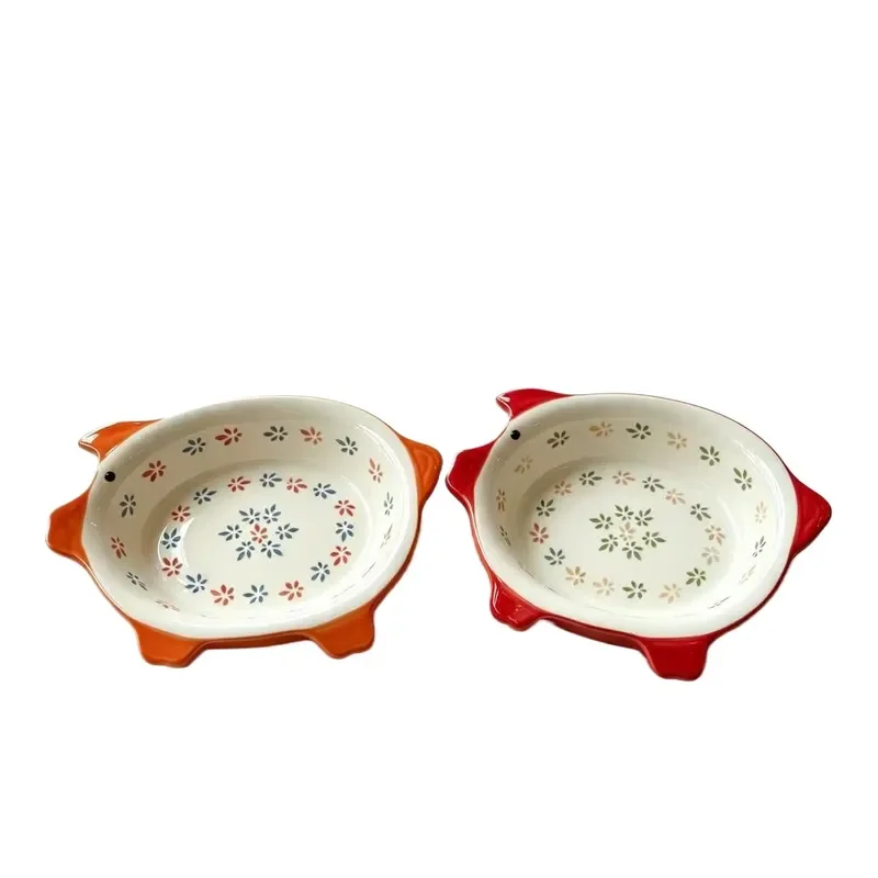 Cute Little Floral Pig Series Ceramic Baking Pan Household Baked Rice Pan Creative Tableware for Kitchen Use