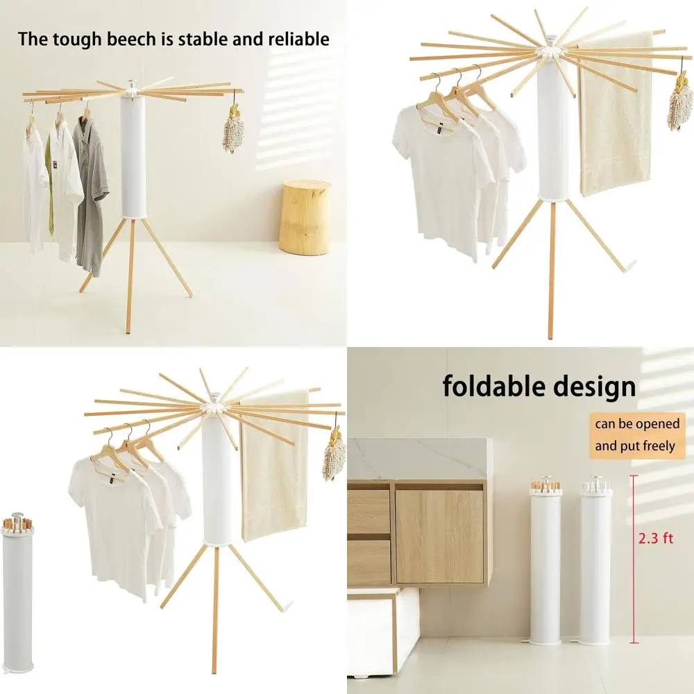 

Portable Foldable Wooden Clothes Drying Rack - Space-Saving Laundry Rack for Balcony, Bedroom, and Home
