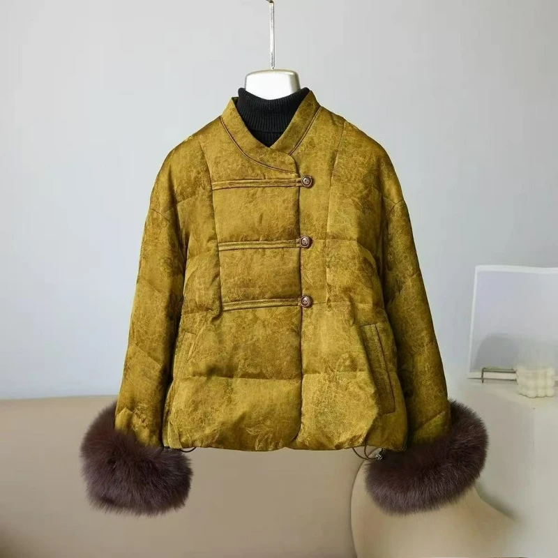 النمط الصيني الجديد ضوء جديد فاخر الراقية موضة مطبوعة زر متابعة المرقعة الصوف كم القطن معاطف دافئة 2026 الخريف/الشتاء