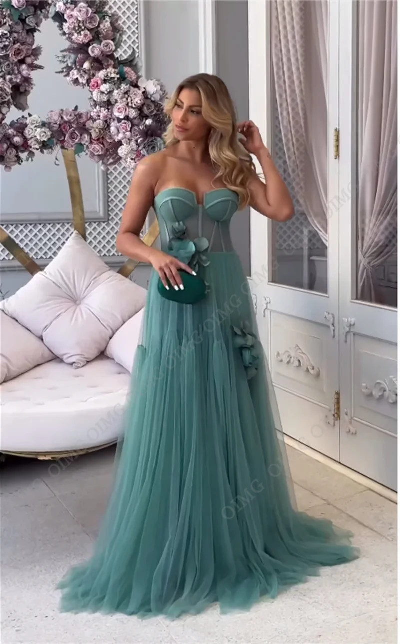 OIMG Dusty Green Long Evening Dress 3D Flowers Sleeveless Sweetheart Prom Gowns 2023 Wedding Party Dress vestidos de novia