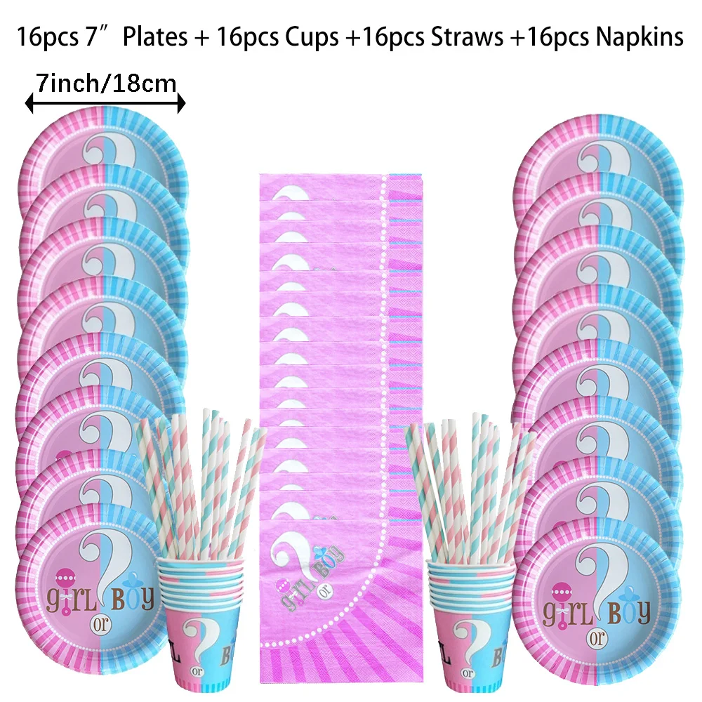 Geschlecht offenbaren Einweggeschirr-Set, Geburtstagsparty-Dekoration, Junge oder Mädchen, Babyparty, Pappteller, Tassen, Latexballons – Detail 2