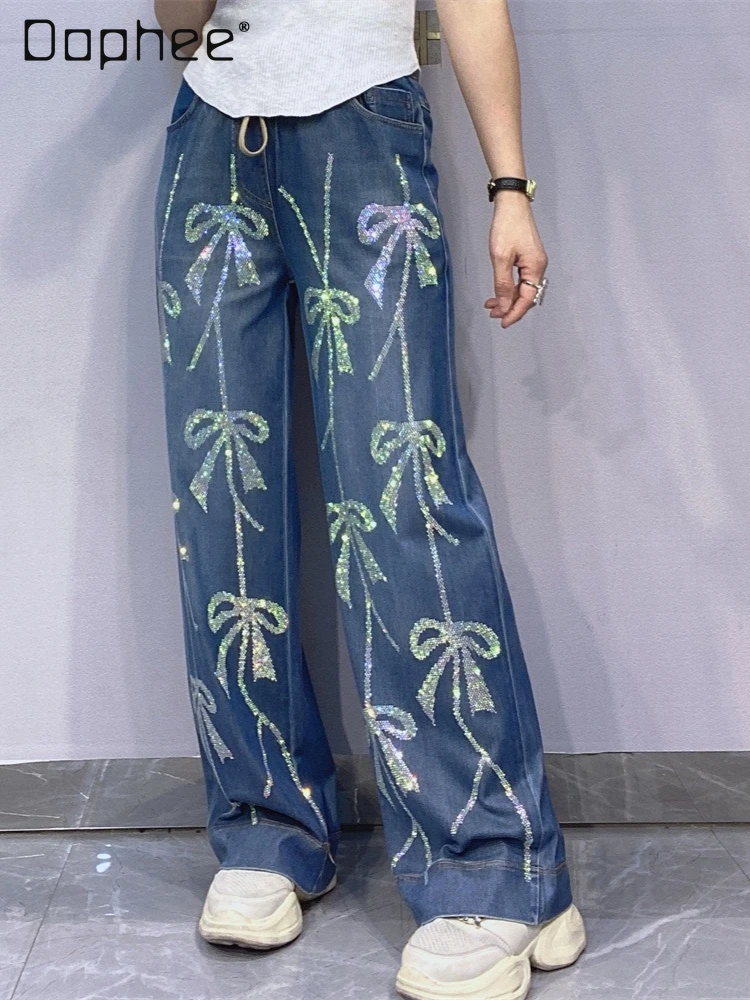 

Summer Thin Cold Wide-leg Jeans Women's Summer New High-waisted Elastic-waisted Butterfly Hot Diamond Straight-leg Pants