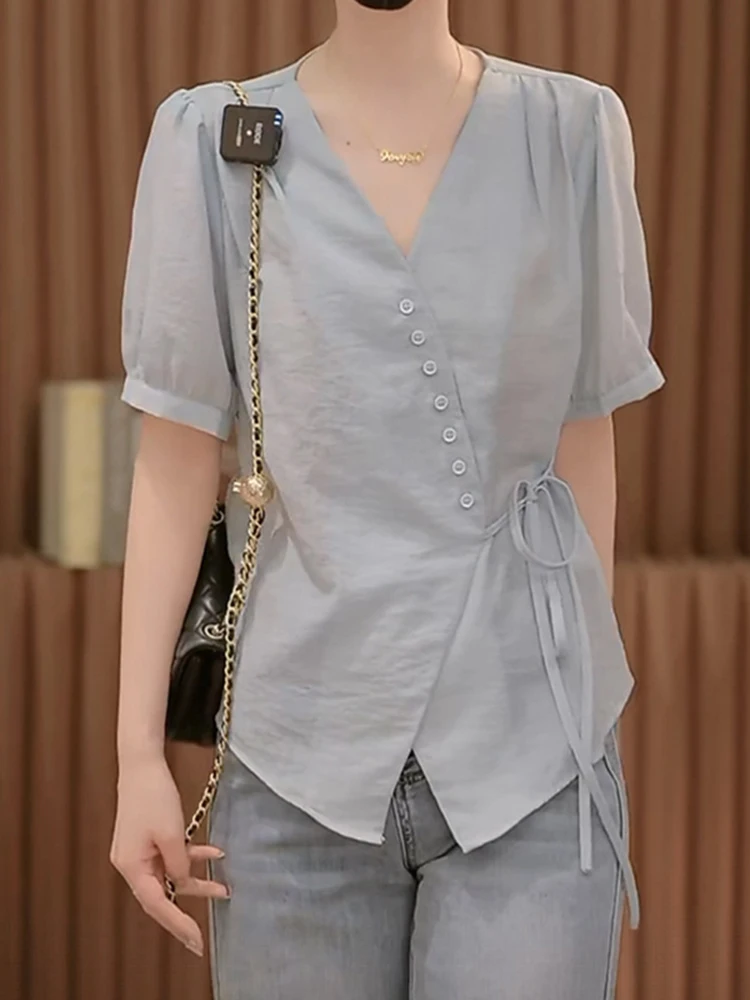 

Retro mat V-Ne ort Sve Women's irt Summer Luxury Asymmetrical Design Top Comfortable Korean Sle Loose Fit