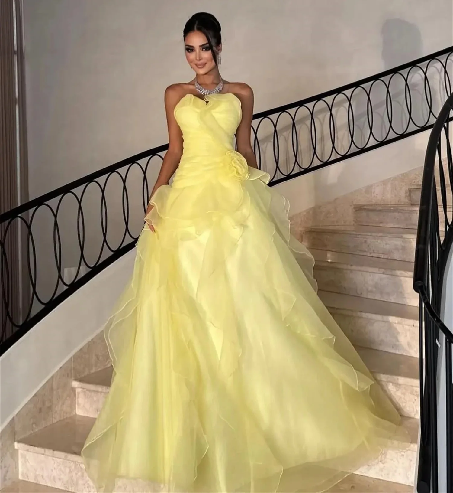 

Yellow Floral Women Long Bespoke Occasion Gown Evening Dresses Prom Pastrol Unisex Jersey Retro Dubai Saudi Arabic Customized
