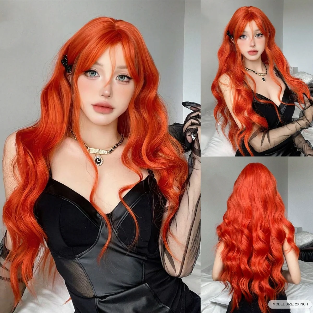 Allbell Magique Blaue Haarperücke mit Pony, lange gewellte synthetische Perücke, babyblaue lockige Perücke für Frauen, täglicher Partygebrauch, hitzebeständig – Detail 12
