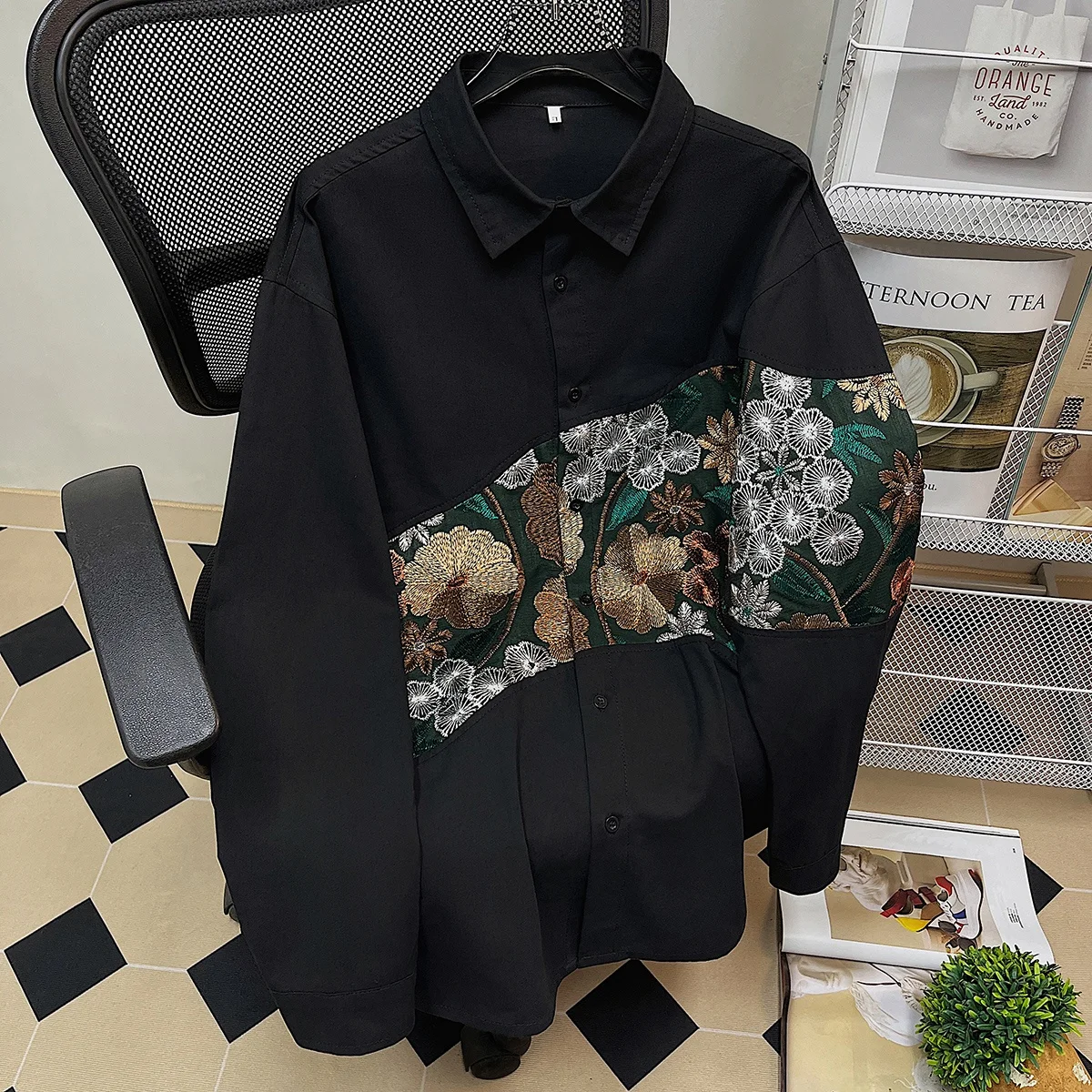 

Loose Casual Long Sve Men's irt Retro Patchwork Oversize Street Sle Trendy Outerwear Autumn Season Polyester Fabric