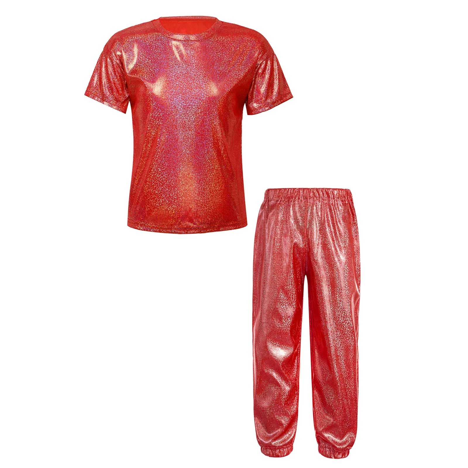 Kids Boys Girls Metallic Hip Hop Jazz Street Dance Costume Shiny T-shirt with Pants School Show Party Performance Dancewear