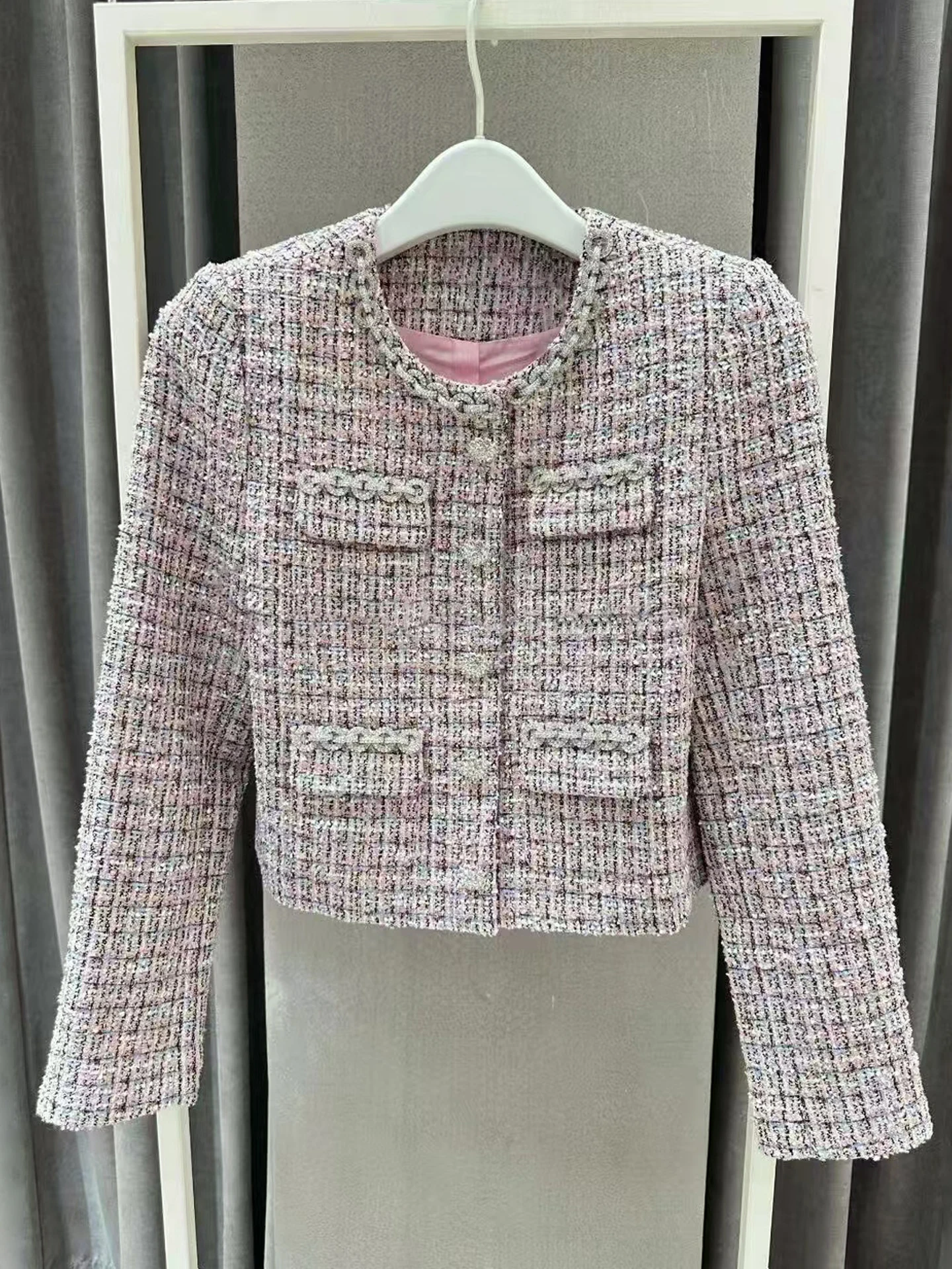 

Высококачественный женский осенний наряд с твидовым кардиганом с бриллиантами и плиссированной юбкой Ele Commute Sle Faion