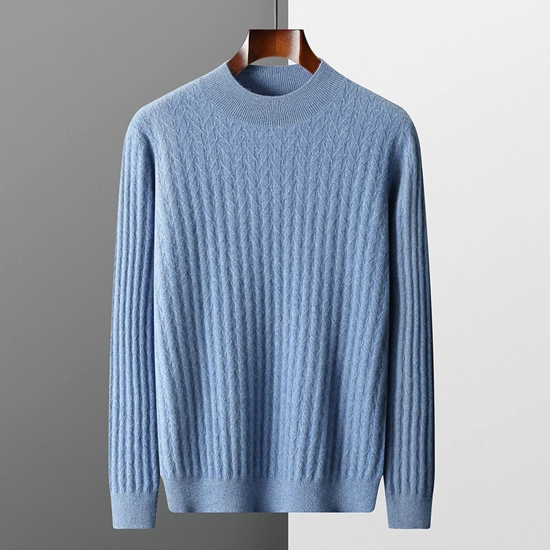 Autumn Winter New 100% Cashmere Sweater Men\'s Half High Neck Pullover Top Slim Fit Long Sleeve Warm Knitted Herringbone Sweater