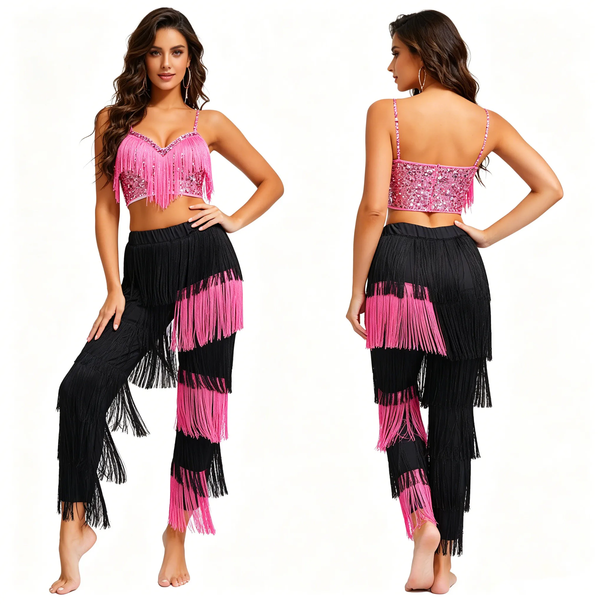 

Women Latin Dance Pants Disco Ballroom Cha-cha Tango Rumba Samba Salsa Performance Costume Elastic Waist Tiered Tassels Trousers