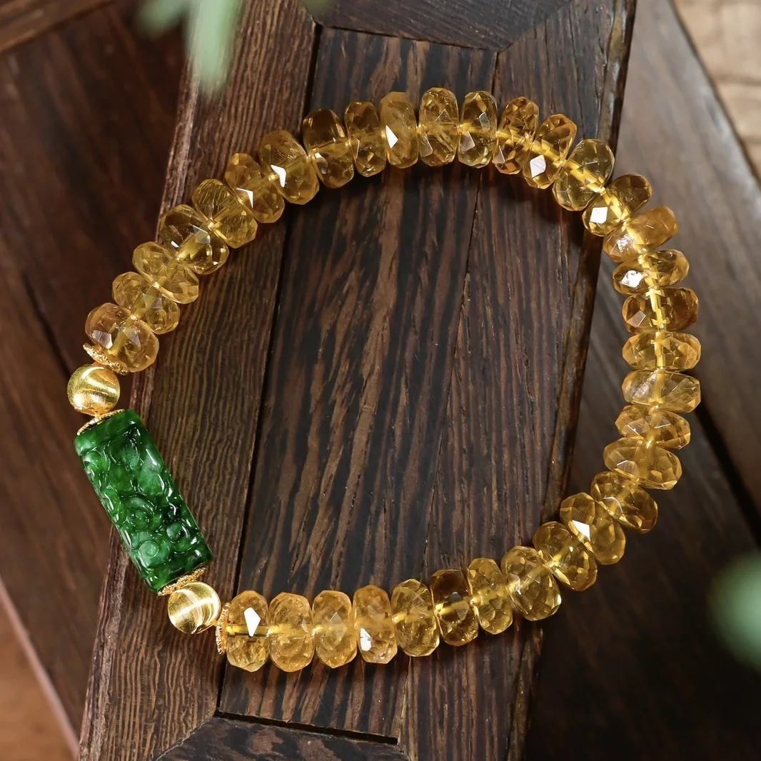 Natural Faceted Citrine Bracelet, Grade A Carved Jadeite Bead Gilded S925 Silver Women Wrist Jewelry