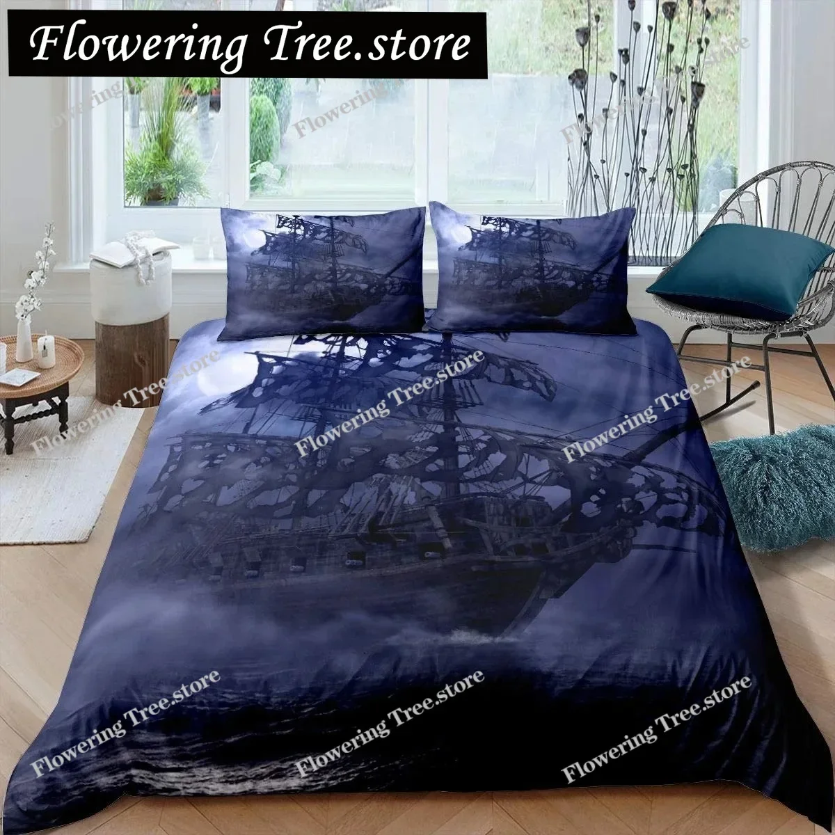 Pirate Duvet Cover Set Queen Sailboat Comforter Set Nautical Ocean Bedding Set Cool Style Quilt Co