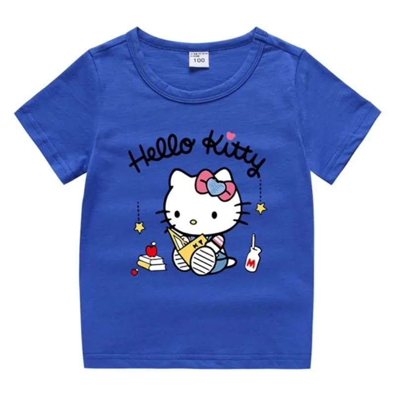 

Милая и забавная детская футболка с принтом Hello Kitty, новинка 2026 года, летнее платье из чистого хлопка для старшеклассников, платье для родителей и детей