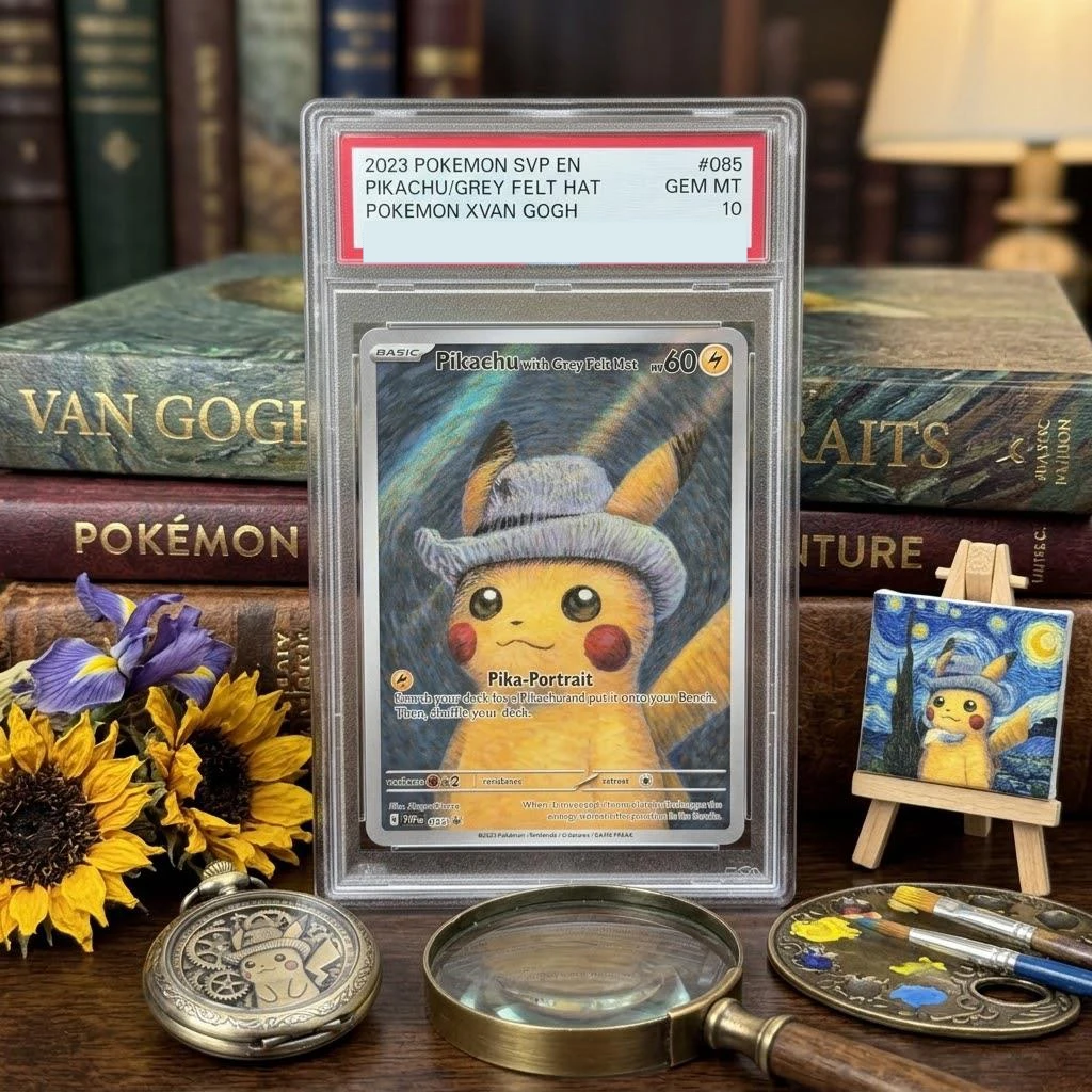 ptcg-diy-2023-svp-en-cartao-promocional-pikachu-com-chapeu-de-feltro-cinza-van-gogh-colaboracao-pokemon-x-museu-arte-completa-em-foil-colecao-graduada-presente