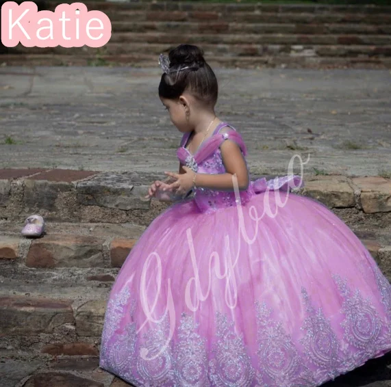 Vestido de princesa de flores blancas para niña, vestido de boda de encaje de tul con cuentas hinchadas, fiesta de cumpleaños para niños, vestido de baile de primera comunión