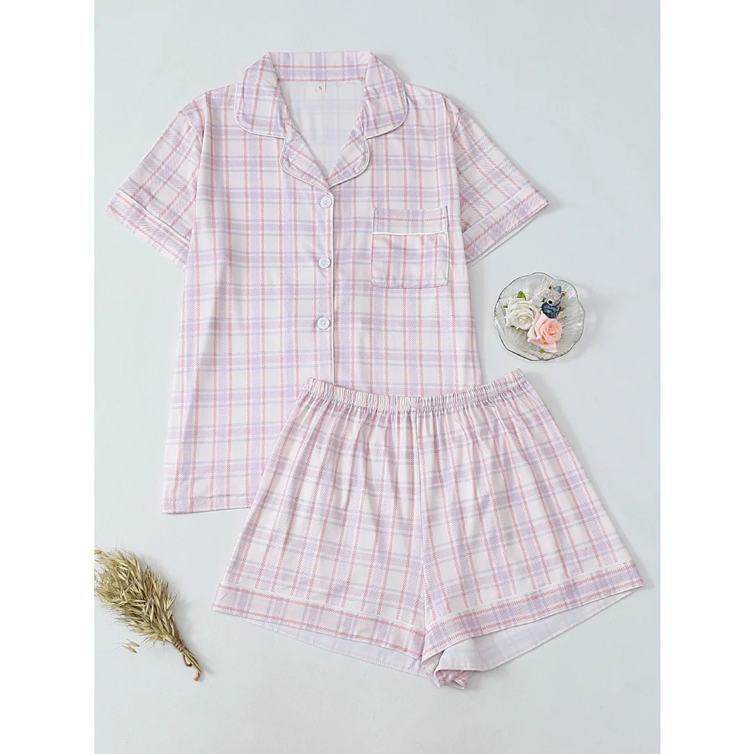 Women's Pajamas Set Pink Checkered Pattern Print Loungewear Home Wear with Lapels Short Sleeves and Shorts Pants Summer Gifts