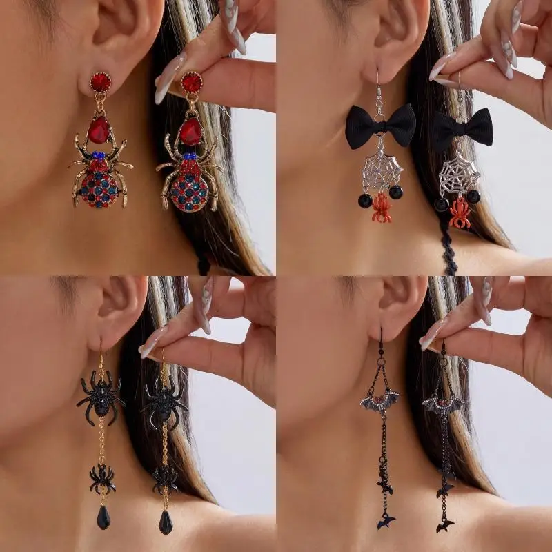 Crystal Spider Ghost Halloween Earrings Punk Rhinestone Long Tassel Drop Dangles for Women Holiday Party Costume Jewelry